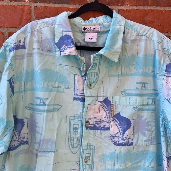 Columbia Mens XL Blue Swordfish Boat Fishing Short Sleeve Button Down Shirt - Picture 2 of 9